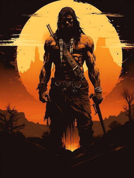 Tshirt Design of Apache Warrior With a Tomahawk Ready to Strike Defiant Expre 2D Flat Vector Art