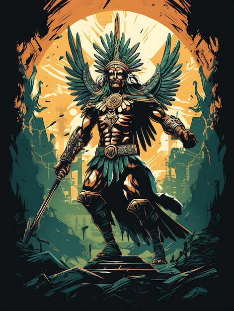 Tshirt Design of Aztec Eagle Warrior in a Soaring Stance With a Macuahuitl No 2D Flat Vector Art