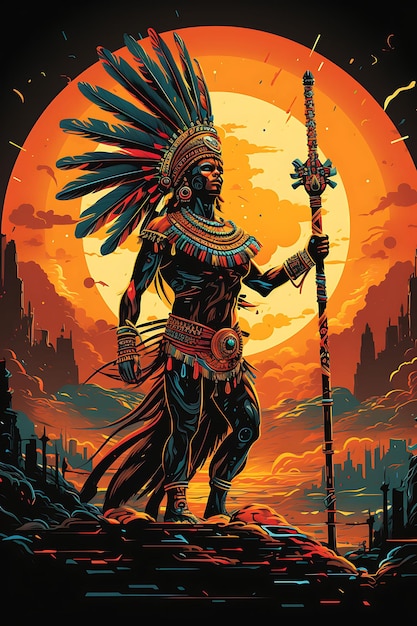 Tshirt Design of Aztec Feathered Warrior in a Ceremonial Dance Pose With a Ma 2D Flat Vector Art