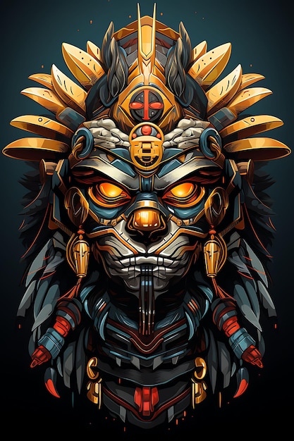Tshirt Design of Aztec Jaguar Warrior With a Macuahuitl Ferocious Expression 2D Flat Vector Art