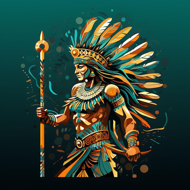 Photo tshirt design of aztec warrior in a ceremonial posture holding a macuahuitl s 2d flat vector art