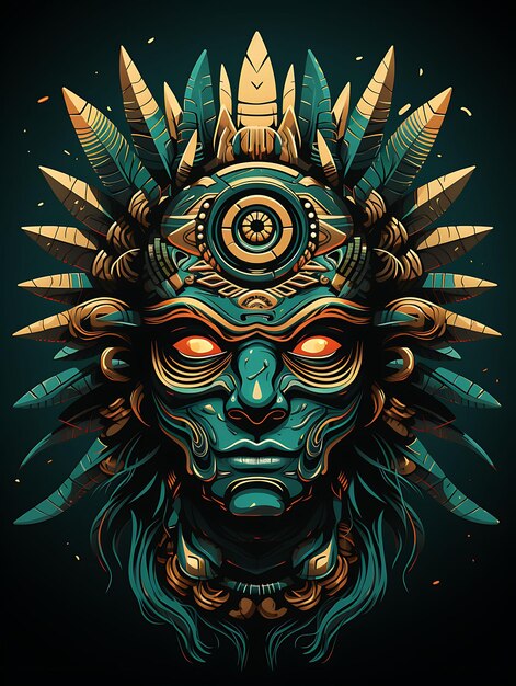 Tshirt Design of Aztec Warrior With a Jaguar Headdress Fierce Expression Vibr 2D Flat Vector Art