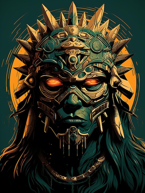 Tshirt Design of Aztec Warrior With a Jaguar Headdress Fierce Expression Vibr 2D Flat Vector Art