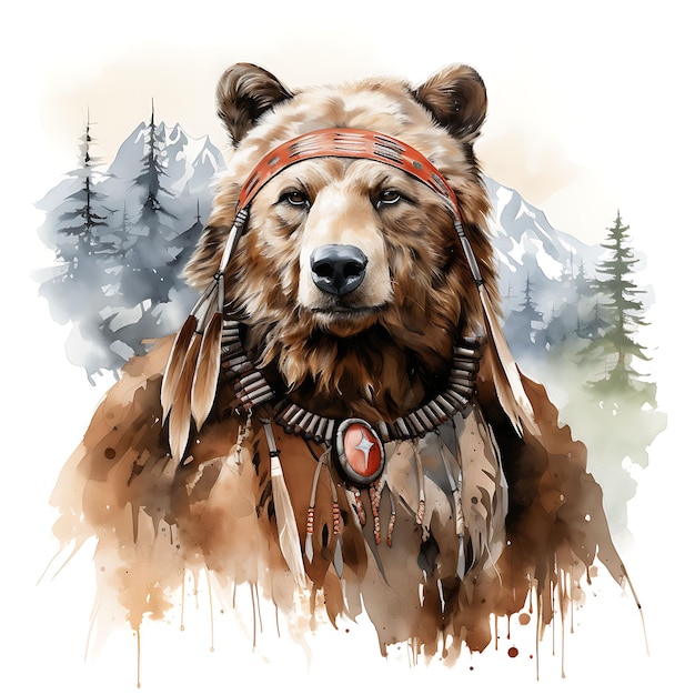 Tshirt Design of Bear Portrait Wearing a Canadian First Nations Regalia Stron Art 2D ink Vector