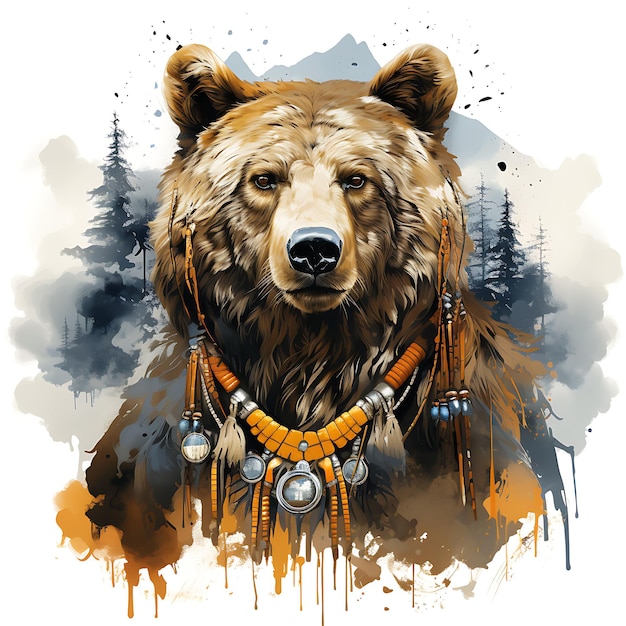 Tshirt Design of Bear Portrait Wearing a Native American Warriors Attire Stro Art 2D ink Vector