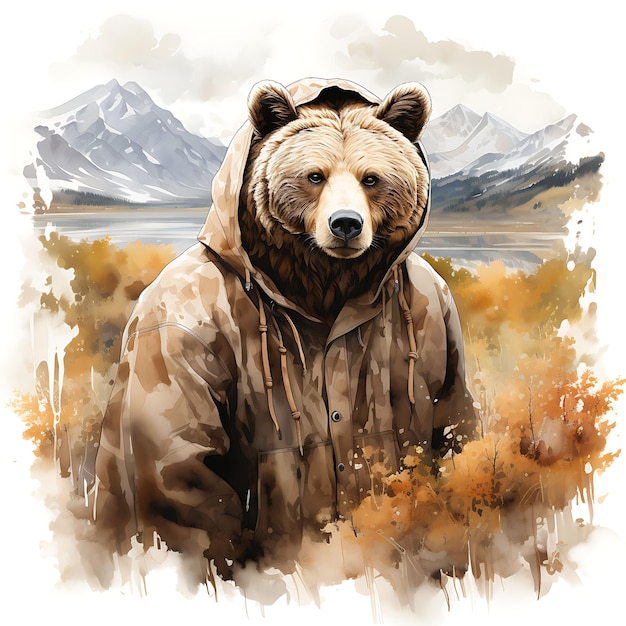 Tshirt Design of Bear Portrait Wearing a Poncho Standing Pose Warm Earth Tone Art 2D ink Vector