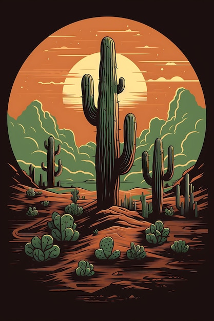 Tshirt Design of Cactus Desert With a Coyote Muted Green and Brown Color Them 2D Flat Ink Art