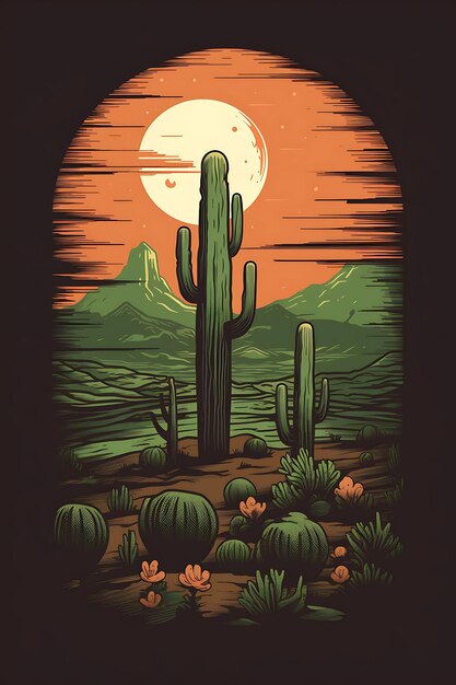 Tshirt Design of Cactus Desert With a Coyote Muted Green and Brown Color Them 2D Flat Ink Art