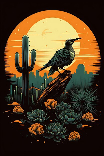 Photo tshirt design of cactus desert with a roadrunner vibrant greens and oranges d 2d flat ink art