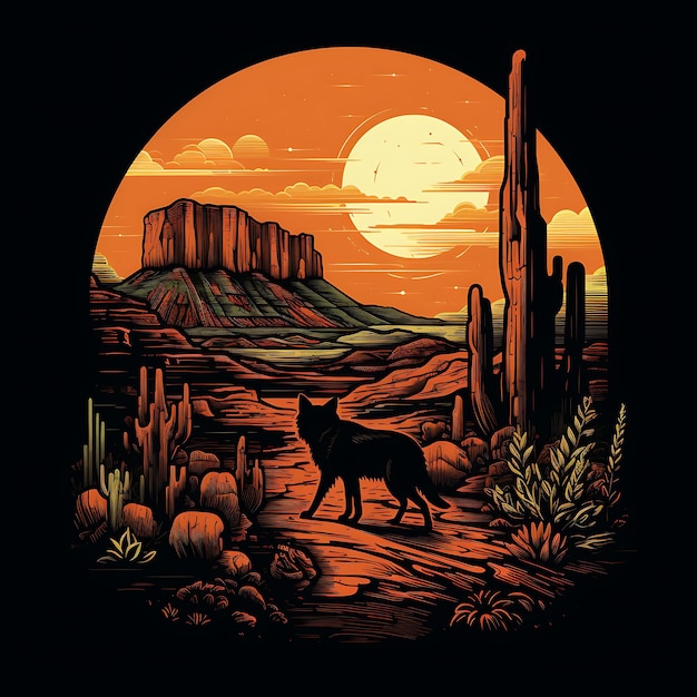 Photo tshirt design of canyon landscape with a howling coyote cacti warm earth tone 2d flat ink art