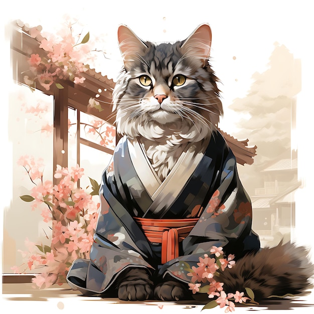 Tshirt Design of Cat Portrait Wearing a Japanese Kimono Resting on a Tatami M Art 2D ink Vector