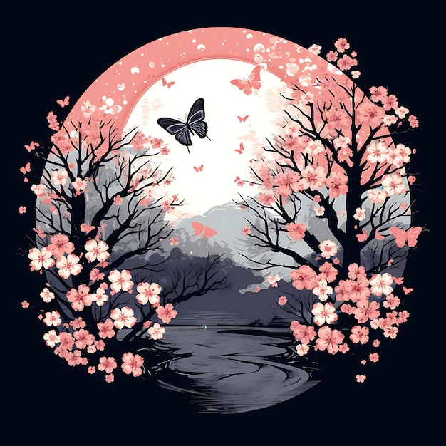 Photo tshirt design of cherry blossom garden with a butterfly soft pinks and whites 2d flat ink art