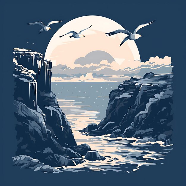 Tshirt design of coastal cliffs with seagulls crashing waves cool blue and wh 2d flat ink art