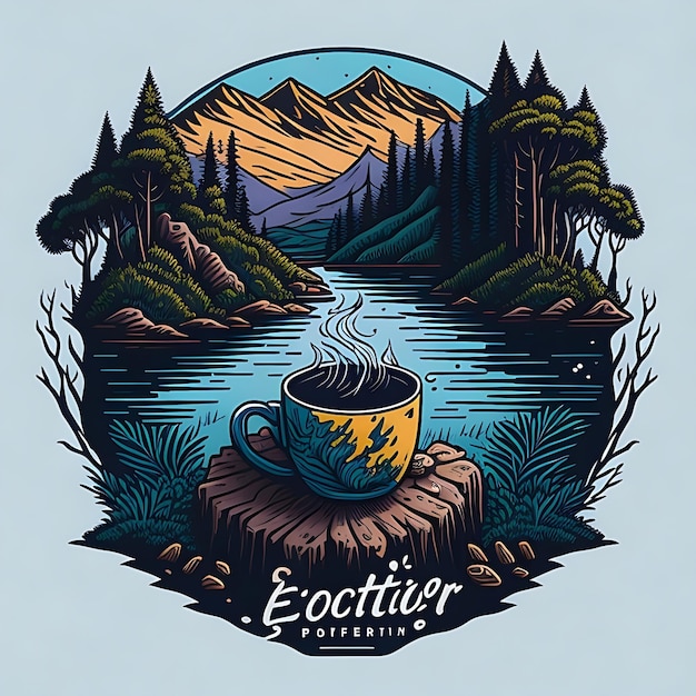 Foto tshirt design caffè dall'immagine vettoriale del lago