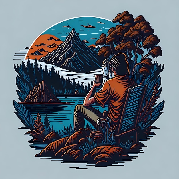 TShirt Design Coffee by the Lake Vector Image