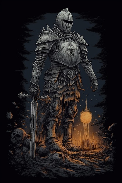 Photo a tshirt design of a dark souls invader standing on the body of another knight