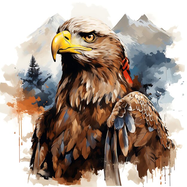 Tshirt Design of Eagle Portrait Wearing Native American Regalia Majestic Pose Art 2D ink Vector