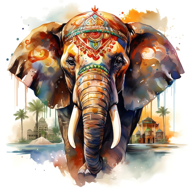 Tshirt design of elephant portrait wearing a rajasthani traditional attire ma art 2d ink vector