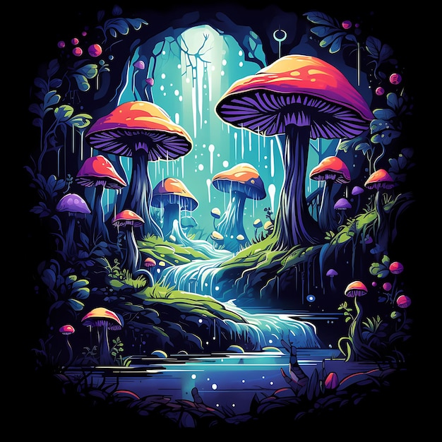 Tshirt Design of Enchanted Waterfall in a Mystical Forest With Fairies Glowin 2D Flat Ink Art