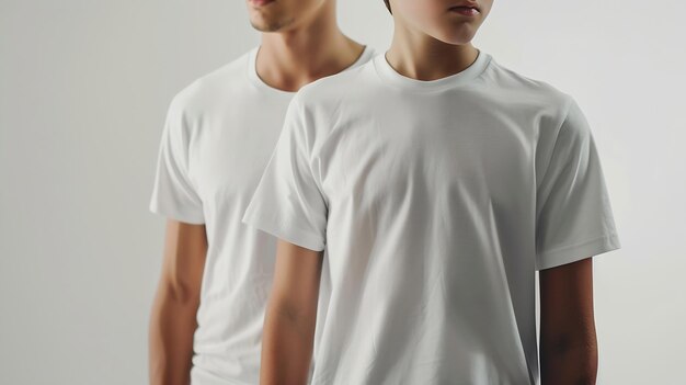 Модная концепция дизайна футболки крупный план мужчины и мальчика в пустой белой футболке с генеративным ИИ
