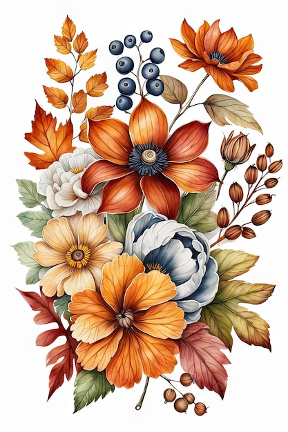 Tshirt design from vintage style Autumn Flowers in middle of white background digital art