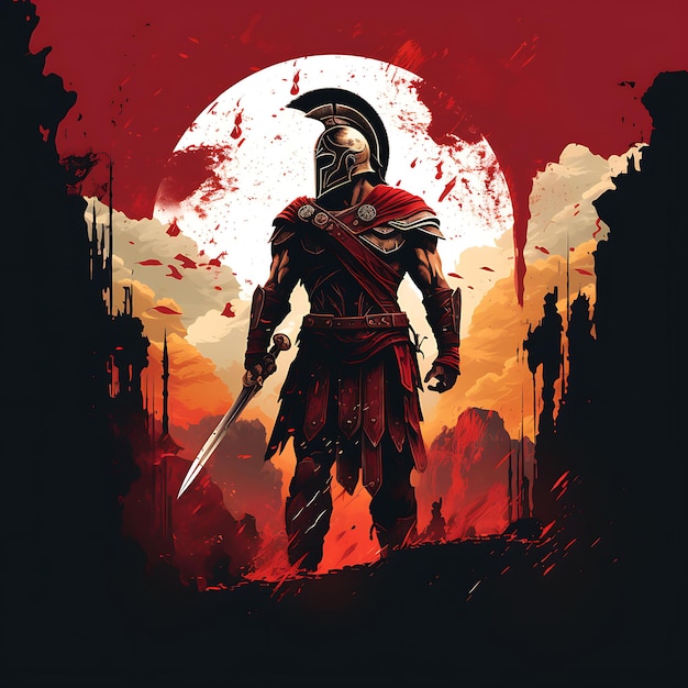 Tshirt Design of Gladiator Standing Triumphantly With a Trident Determined Ex 2D Flat Vector Art