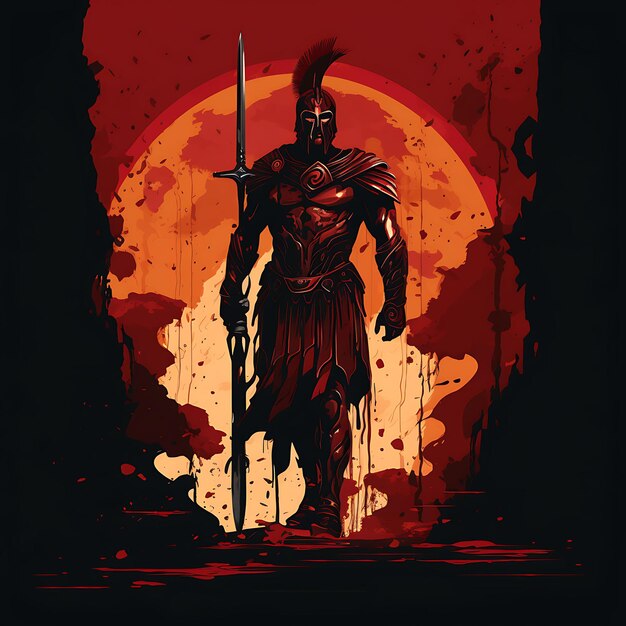 Tshirt Design of Gladiator Standing Triumphantly With a Trident Determined Ex 2D Flat Vector Art