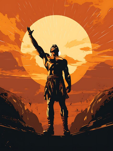 Photo tshirt design of gladiator in a victorious pose with a net and trident triump 2d flat vector art
