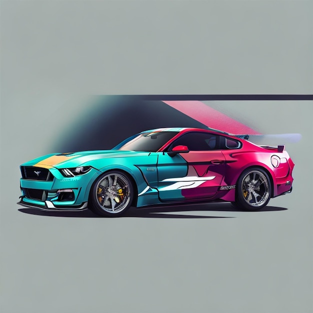 Photo tshirt design graphic of a color full gtr mustang car side minimalist transparent background