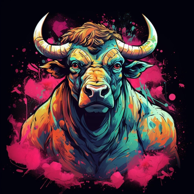 tshirt design graphic of a muscle giant with head of a bull illustration colorful