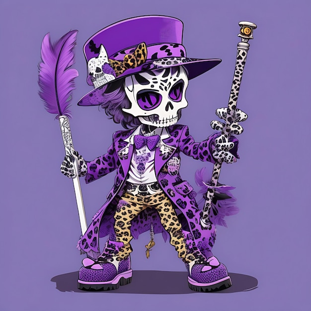 Tshirt design illustration kawaii pimp skeleton with a cane celebrating halloween ai genareted