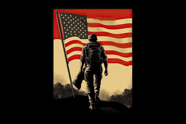 Tshirt design image of a veteran walking toward an American flag AI Generated