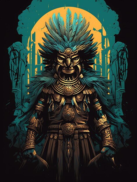 Tshirt Design of Mayan Eagle Warrior With Feathered Armor Holding a Macana Cl 2D Flat Vector Art