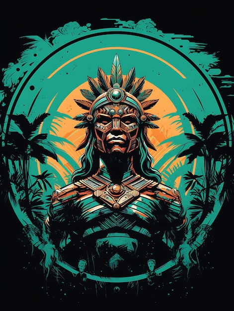 Tshirt Design of Mayan Warrior With a Blowgun Silently Stalking Vigilant Expr 2D Flat Vector Art