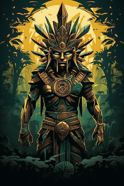 Tshirt Design of Mayan Warrior With a Ceremonial Pose Adorned With Intricate 2D Flat Vector Art