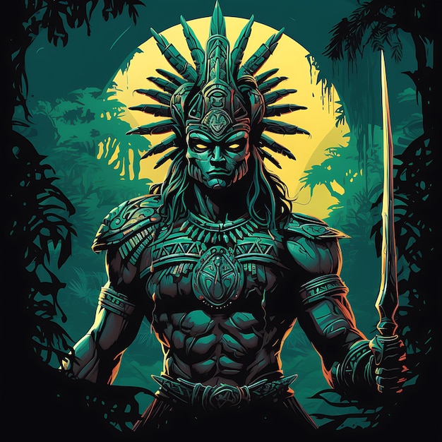 Tshirt Design of Mayan Warrior With a Macuahuitl Fierce Expression Vibrant Ja 2D Flat Vector Art