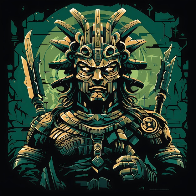 Tshirt Design of Mayan Warrior With a Macuahuitl Fierce Expression Vibrant Ja 2D Flat Vector Art