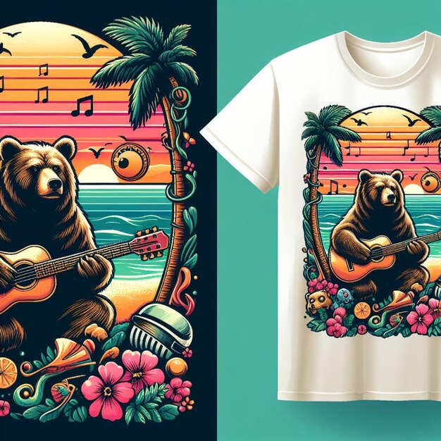 Фото Дизайн футболки музыкальный тропический вектор иллюстрация захода солнца на пляже медведь ai генерируется