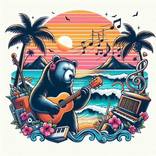Фото Дизайн футболки музыкальный тропический вектор иллюстрация захода солнца на пляже медведь ai генерируется