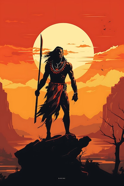 Tshirt Design of Native American Warrior in a War Dance Pose With a Tomahawk 2D Flat Vector Art