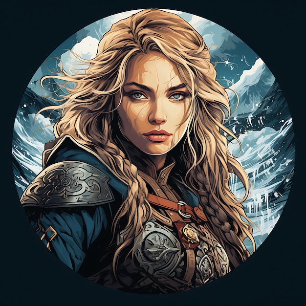 Tshirt Design of Norse Shieldmaiden in a Battle Ready Pose With a Round Shiel 2D Flat Vector Art