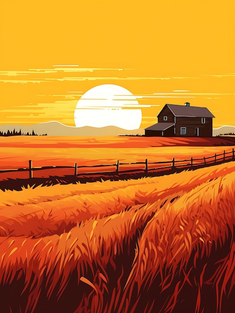 Tshirt design of prairie landscape with a barn golden wheat fields vibrant ye 2d flat ink art