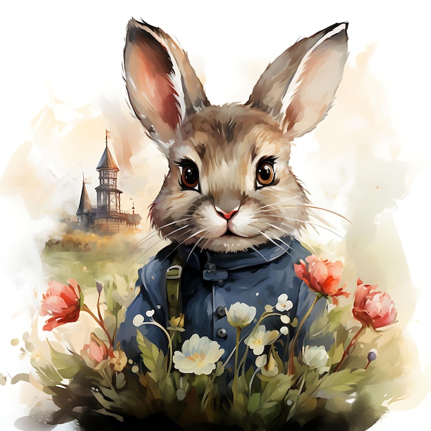 オランダの伝統的な衣装を着たウサギの肖像画の T シャツ デザインかわいいポーズ P アート 2D インク ベクトル