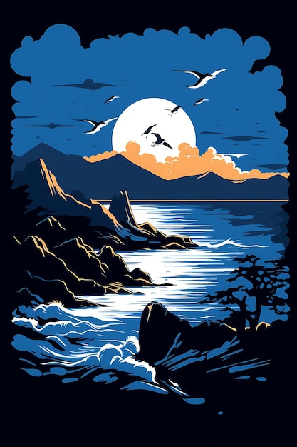 Tshirt Design of Rocky Coast With Crashing Waves Seagulls Vibrant Blue and Wh 2D Flat Ink Art