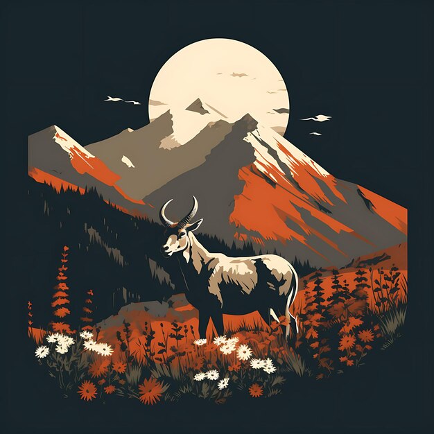 Photo tshirt design of rocky mountain landscape with a mountain goat wildflowers bo 2d flat ink art