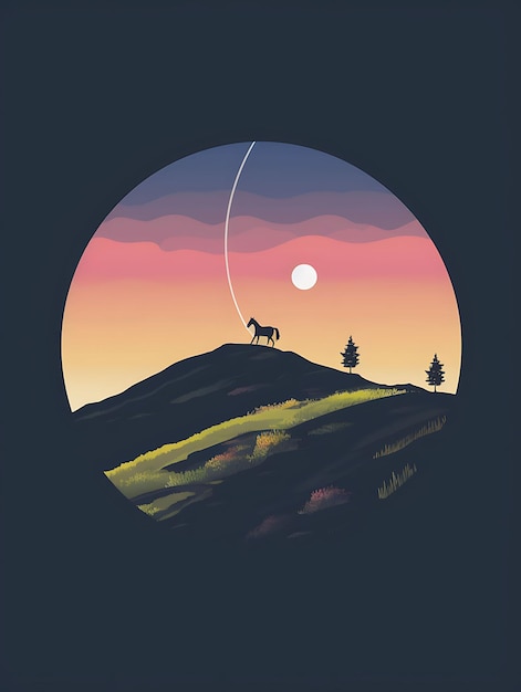 Photo tshirt design of rolling hills with a grazing horse pastel colors dark gray b 2d flat ink art