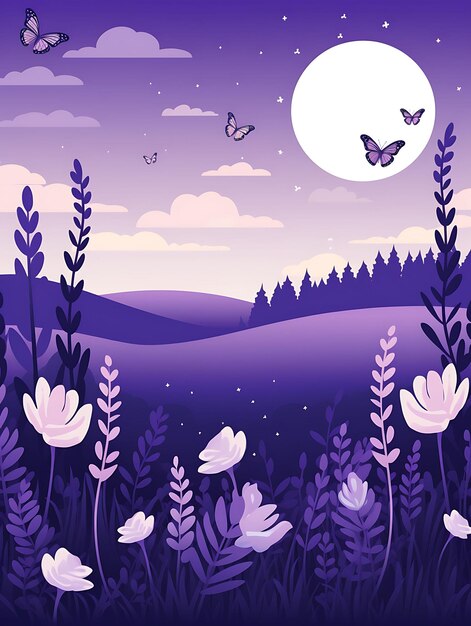 Photo tshirt design of rolling lavender fields with butterflies bees soft purple an 2d flat ink art