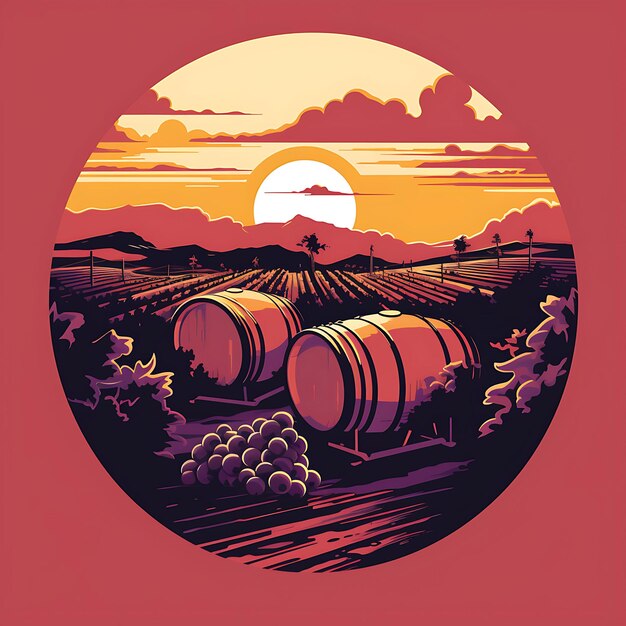 Photo tshirt design of rolling vineyard at sunset with grapevines wine barrels warm 2d flat ink art