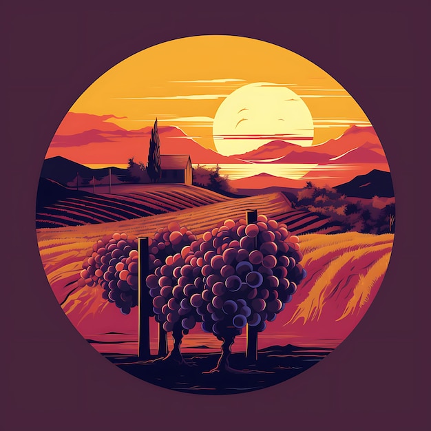 Photo tshirt design of rolling vineyard at sunset with grapevines wine barrels warm 2d flat ink art