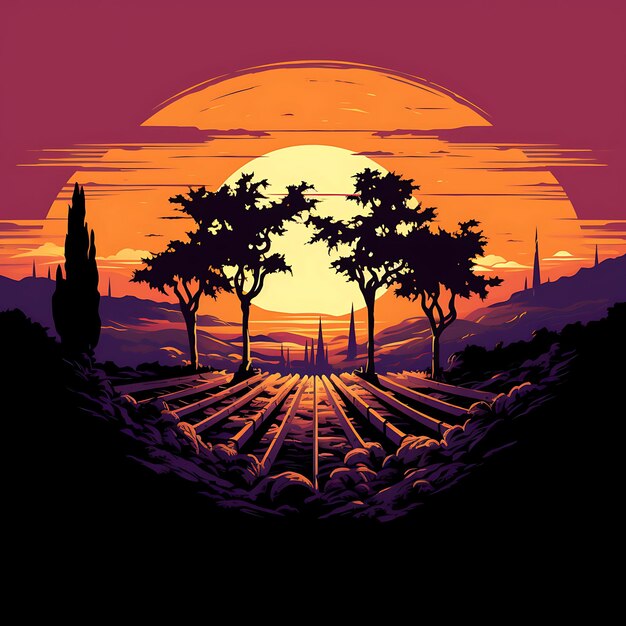 Photo tshirt design of rolling vineyard at sunset with grapevines wine barrels warm 2d flat ink art